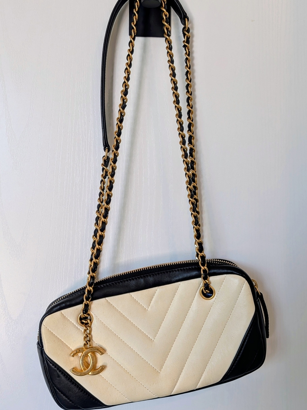 Chanel Lambskin Chevron Quilted Camera Bag In Beige And Black
